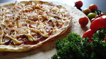 pizza with mushrooms and parmesan cheese