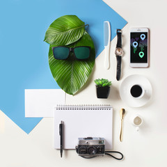 Flat lay conceptual life style, travel and retail objects still life.