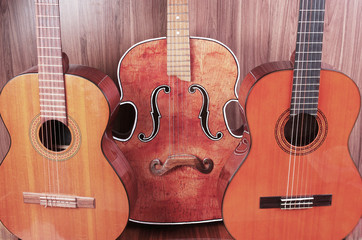 Obraz na płótnie Canvas Three vintage acoustic guitars.