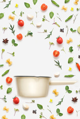 Flat lay vegan herbs, spices and cooking pot on white background.