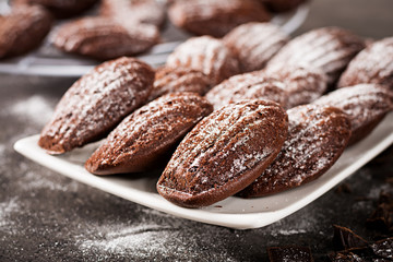 Chocolate cookies. Homemade Chocolate Madeleines on dark table. French cuisine.