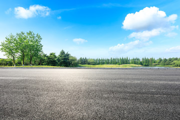 Asphalt road and green woods in the countryside nature park