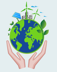 save world and eco friendly concept, green world, solar energy, wind power on earth and hand holding