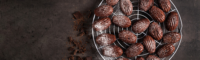 Chocolate cookies. Homemade Chocolate Madeleines on dark table. French cuisine. Top view. Banner