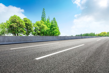 Asphalt road and green woods in the countryside nature park