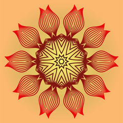 Ornamental Circle Pattern. Sacred Oriental Mandala. Color Floral Ornament. Vector Illustration. For Coloring Book, Card, Invitation, Tattoo. Anti-Stress Therapy Pattern. Red orange gold colour.