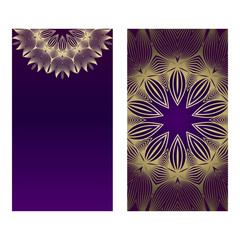Yoga Card Template With Mandala Pattern. For Business Card, Fitness Center, Meditation Class. Vector Illustration. Luxury romantic purple gold color