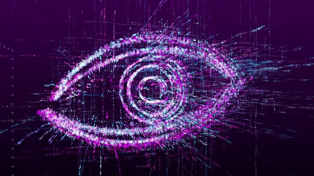 Animation of the eye mark, virtual surveillance. Consists of a stream of numbers and symbols in digital space.