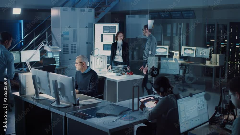 Poster diverse international team of industrial engineers and scientists working in research laboratory / d