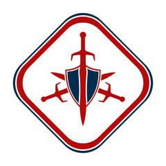 Shield and sword emblem in a square frame.