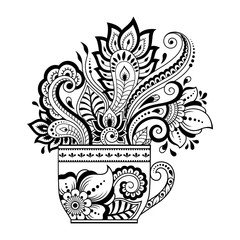 Stylized with henna tattoos decorative pattern in form of cup of coffee for decorating covers for book, notebook, casket and magazine. Flower in mehndi style in eastern tradition. Coloring book page.