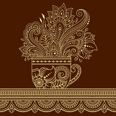 Stylized with henna tattoos decorative pattern in form of cup of coffee for decorating covers for book, notebook, casket and magazine. Flower in mehndi style in eastern tradition. Coloring book page.