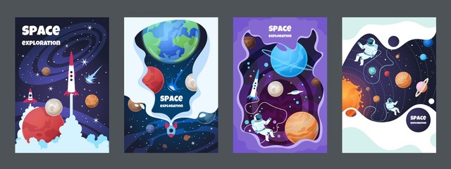Cartoon space flyer. Universe galaxy banner planet science poster astronaut poster frame brochure cover design. Vector space concept set © SpicyTruffel