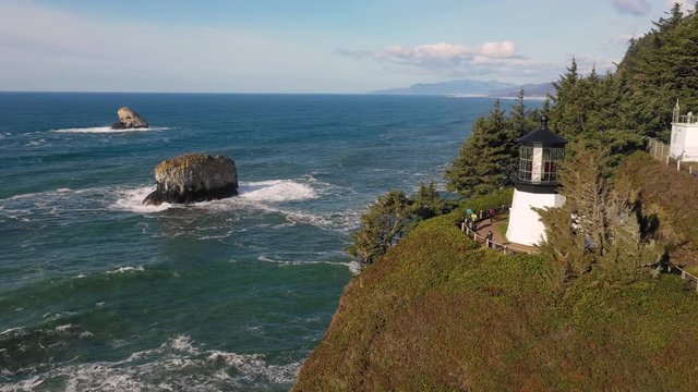 Aerial View Flying Beside Cape Meares Lighthouse Pacific Ocean