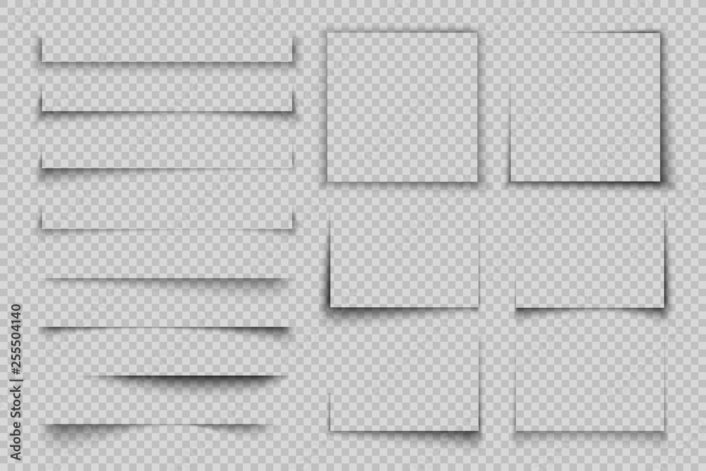 Poster Paper shadow effect. Rectangle box square shadow, realistic transparent label element, banner poster flyer vector shadow set