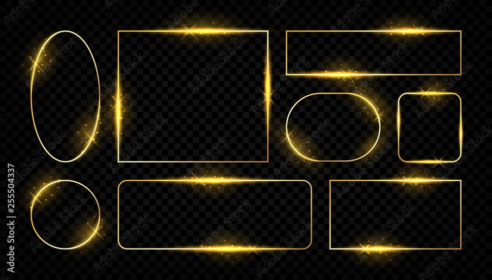 Poster Shiny golden frames. Glowing border lines for greeting cards, golden vector set square and round shapes on transparent background