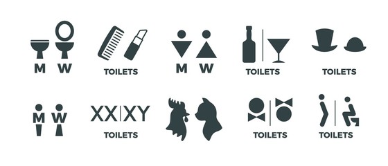 Toilet signs. Funny WC man and woman direction icons, restaurant cafe cinema restroom door signs. Vector toilet symbols set