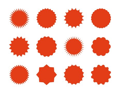 Starburst price stickers. Star sale banners, red explosion signs, sunburst speech bubbles. Vector set red silhouettes on white backgrounds
