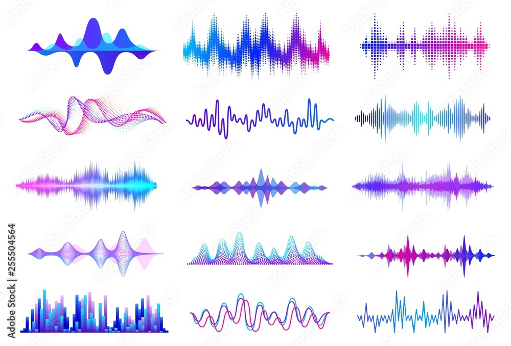 Aufkleber Sound waves. Frequency audio waveform, music wave HUD interface elements, voice graph signal. Vector audio wave set