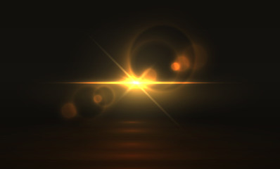 Golden light effect. Glowing flare background, yellow magic abstract sparkle realistic transparent glitter. Vector golden bright light