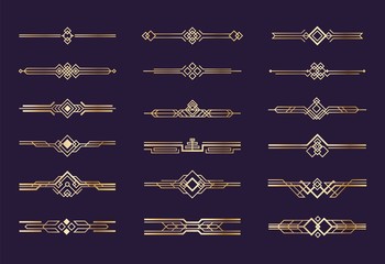 Art deco ornament. 1920s vintage gold borders and dividers, retro header graphic elements, nouveau vector geometric decoration set © SpicyTruffel