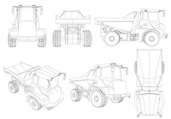 Set with the contours of the truck from black lines isolated on a white background. 3D. Isometric view, side, front, top. Vector illustration