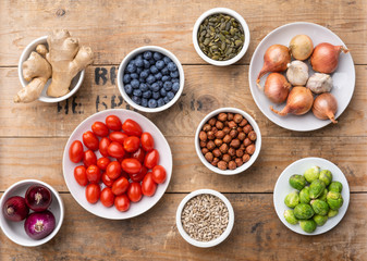 Healthy eating ingredients: fresh vegetables, fruits and superfood. Nutrition, diet, vegan food concept