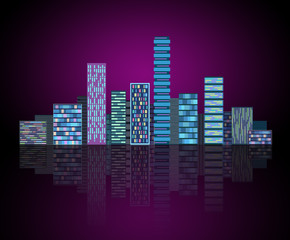 Urban background: futuristic hi-tech city in neon glow. Synthwave, retrowave, abstract metropolis and primitive megalopolis.
