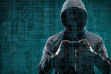Anonymous computer hacker with a smartphone over abstract digital background. Obscured dark face in mask and hood. Data thief, internet attack, darknet fraud, dangerous viruses and cyber security.