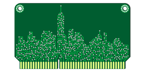 New York city skyline silhouette made in the form of electronic circuit board.