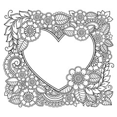 Square decorative frame with floral pattern in forn of heart in mehndi style. Antistress coloring book page. Doodle ornament in black and white. Outline hand draw vector illustration.