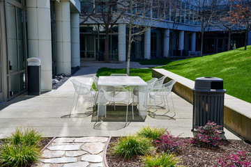 Outdoor break area patio in a corporate building complex