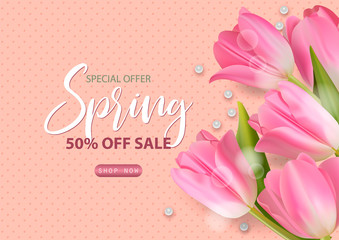 Banner big spring sale. Bouquet flowers Tulips with leaf and pearl. Concept for banner, postcards, posters, coupons, promotional material. Vector illustration.