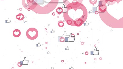 animatio of social media likes and loves apearing fast and flying to the top of composition on white