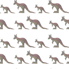 Vector seamless pattern in Mondriaan (Mondrian) style big and small multicolored kangaroo on a white background for baby bedding, textile, wallpaper, wrapping, furnishings, upholstery, cover, web.