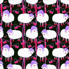 Vector seamless pattern. Hand drawn neon purple and crimson fashionista sheep on black background for design, cover page, wall decor, banner, card, wallpaper, print.