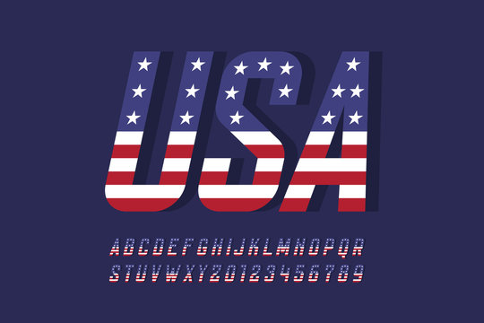 USA National Flag Style Font, Alphabet Letters And Numbers