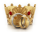 Royal wedding concept with crown and wedding rings. 3D illustration