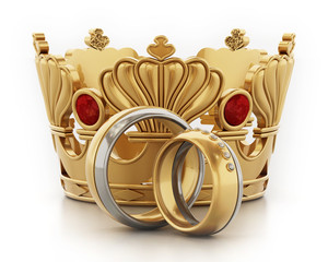 Royal wedding concept with crown and wedding rings. 3D illustration