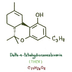 Structure of delta-9-Tetrahydrocannabiorcol (THC-C1), delta-9-Tetrahydrocannabivarinic acid (THVA) and delta-9-Tetrahydrocannabivarin (THCV).