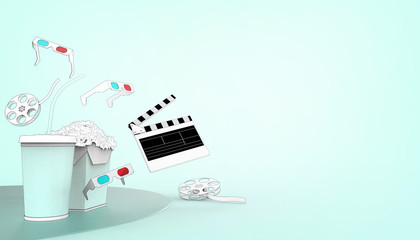 Online cinema art movie theater watching drawing with popcorn , 3d glasses and film industry on pastel Green background - Illustrations Art