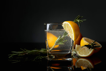 Cocktail gin-tonic with lemon slices and twigs of rosemary.