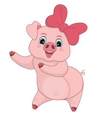 Joyful pig with ribbon, cartoon for design on white.