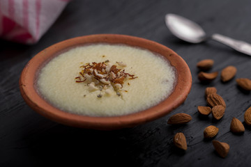 phirni - sweet rice pudding - traditional punjabi sweet dish in earthen plate