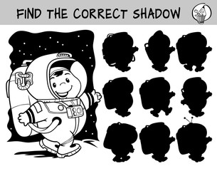 Little astronaut walking on the moon.  Find the correct shadow. Educational matching game for children. Black and white cartoon vector illustration