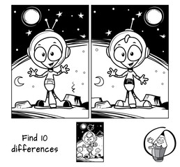 Alien in a spacesuit and helmet. Find 10 differences. Educational matching game for children. Black and white cartoon vector illustration