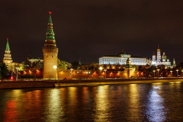 Kremlevskaya embankment on a background of Moskva river and Moscow Kremlin at night
