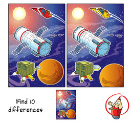 Space station orbiting the planet and space ships. Find 10 differences. Educational matching game for children. Cartoon vector illustration