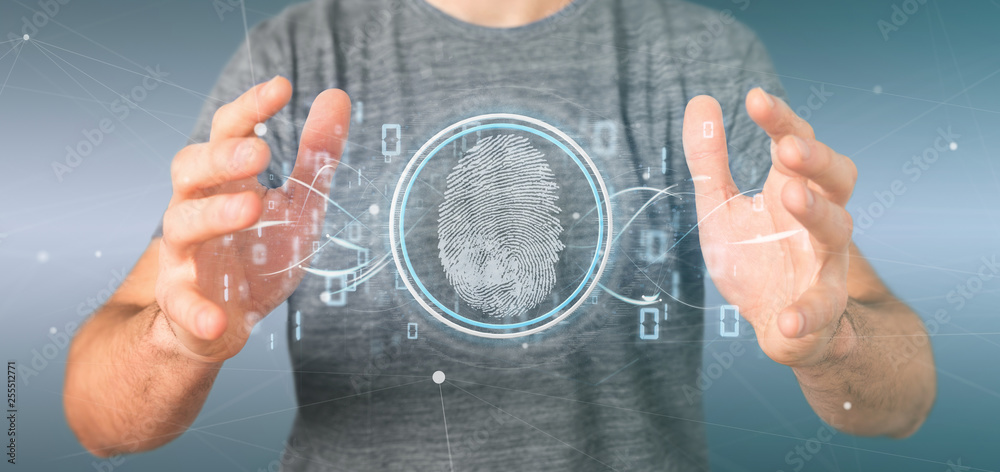 Poster businessman holding a digital fingerprint identification and binary code 3d rendering