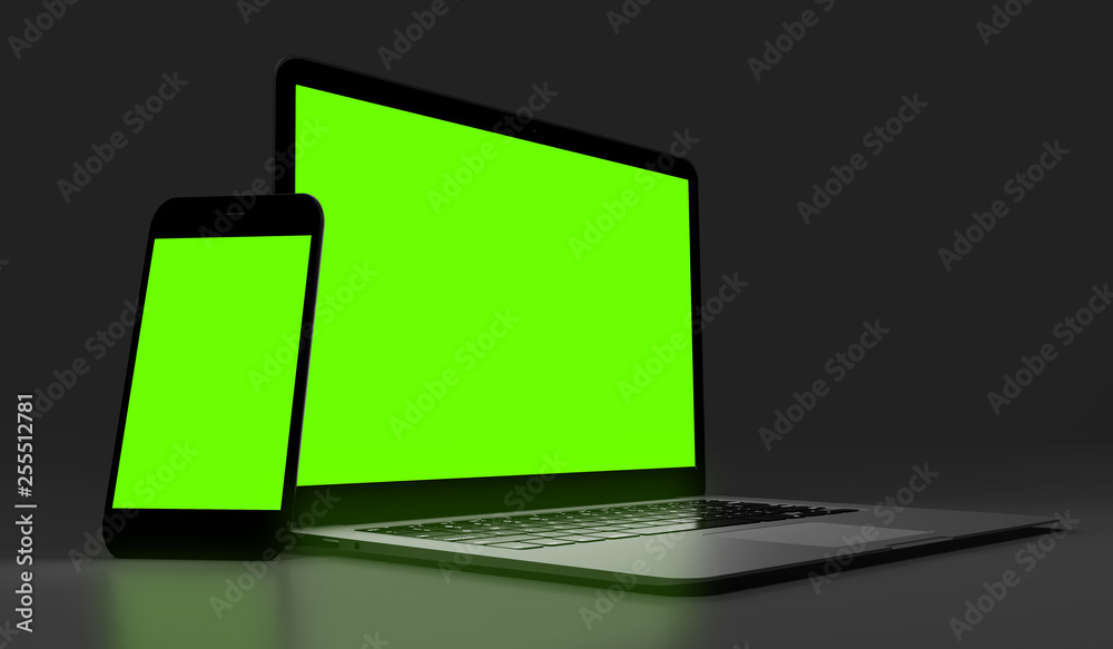 Poster mock up of devices on a dark background - 3d rendering